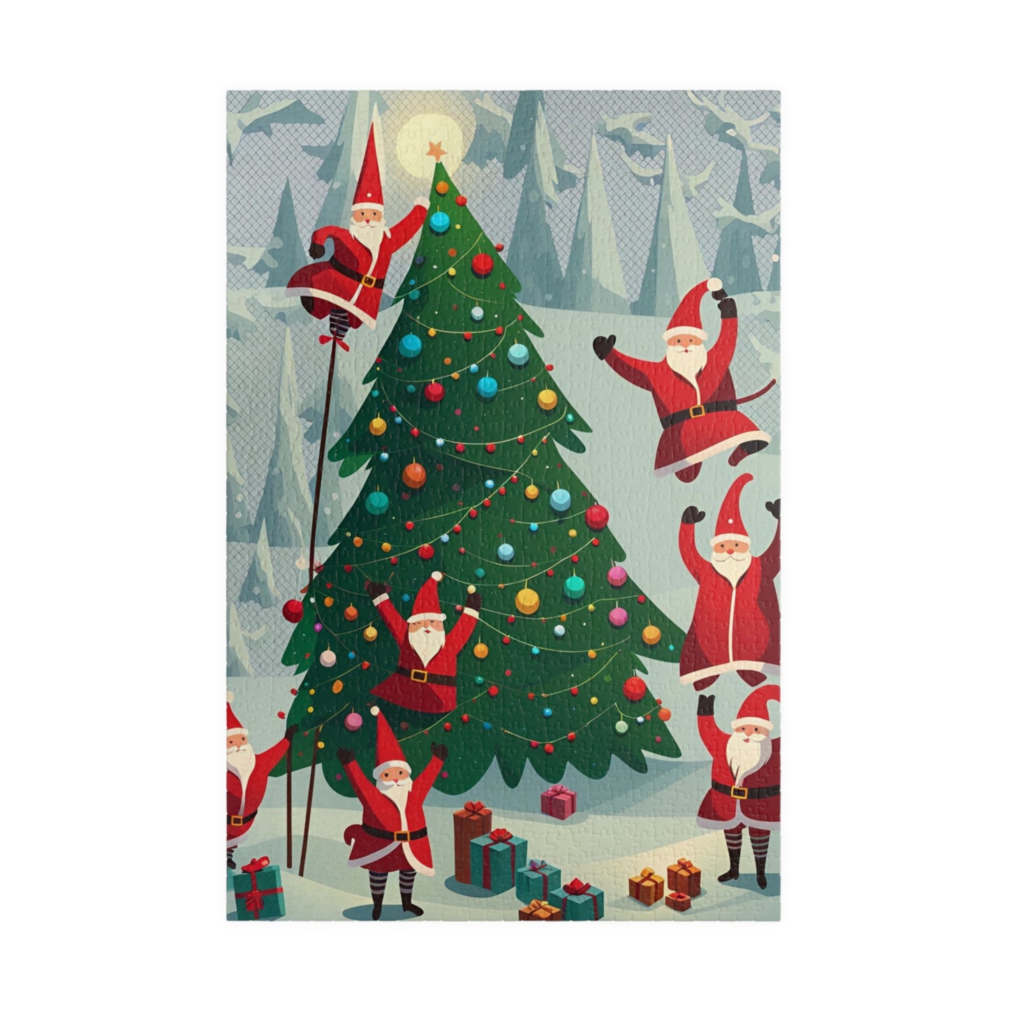 Santa Clauses Decorating a Christmas Tree Puzzle (110, 252, 520, 1014-piece)