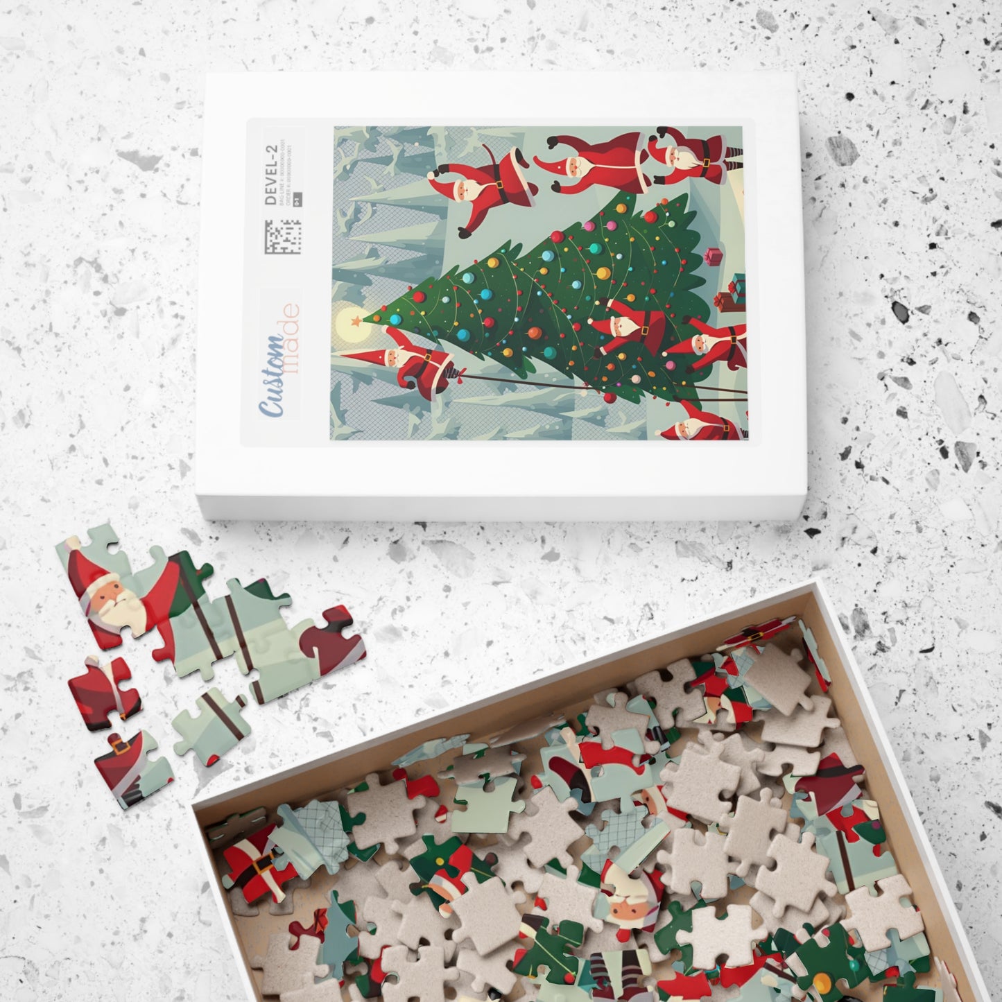 Santa Clauses Decorating a Christmas Tree Puzzle (110, 252, 520, 1014-piece)