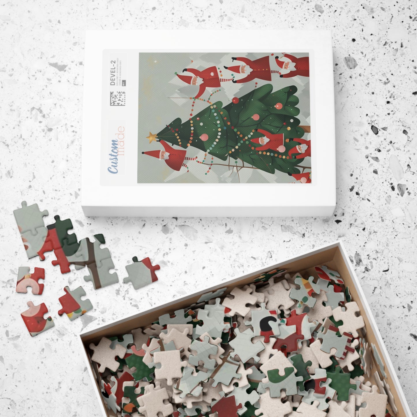 Santa Clauses Decorating a Christmas Tree Puzzle (110, 252, 520, 1014-piece)