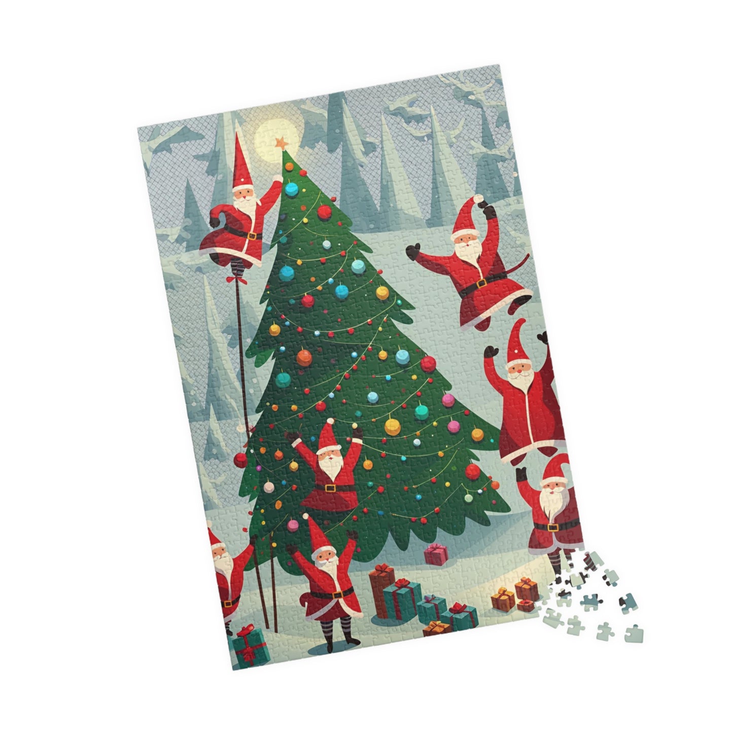 Santa Clauses Decorating a Christmas Tree Puzzle (110, 252, 520, 1014-piece)