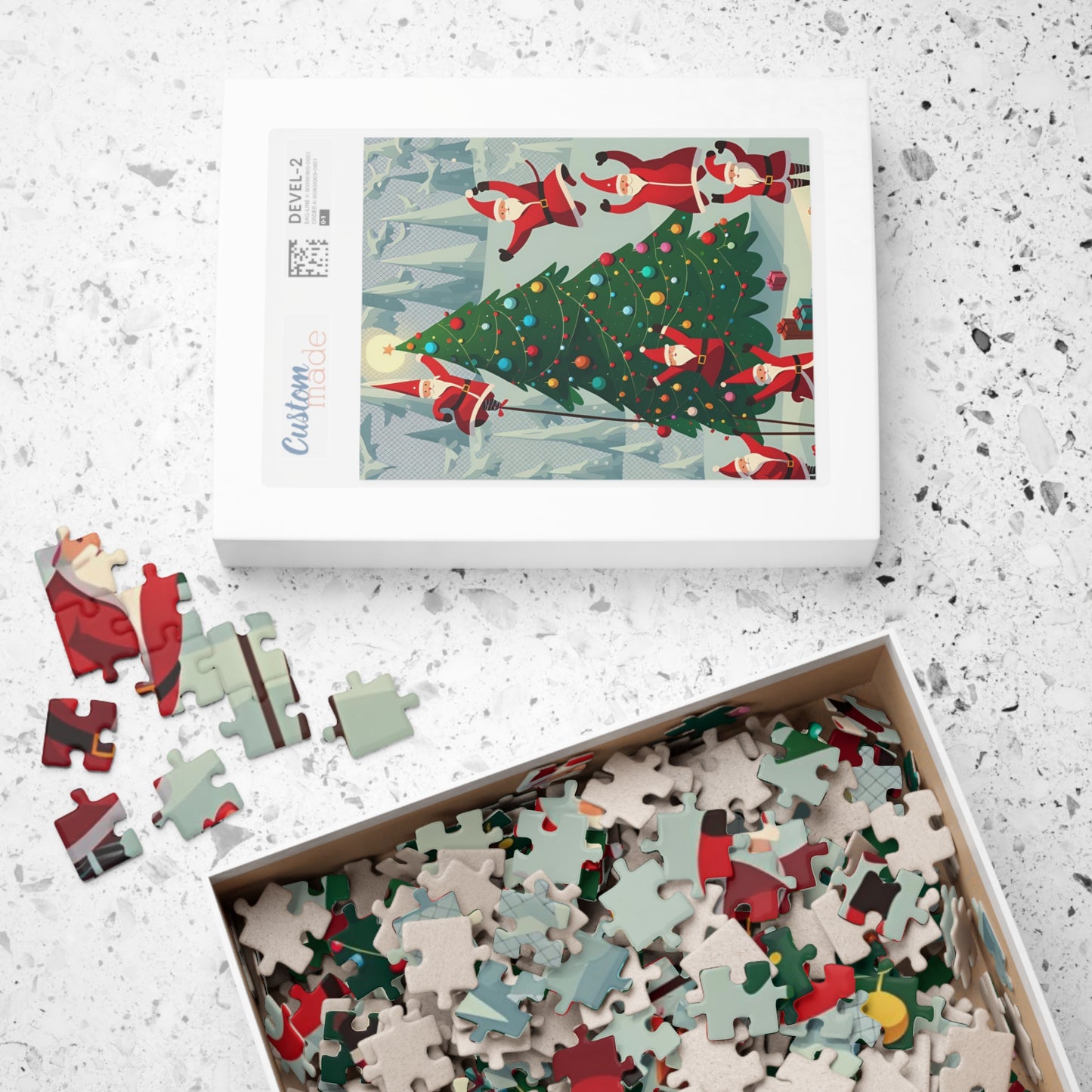 Santa Clauses Decorating a Christmas Tree Puzzle (110, 252, 520, 1014-piece)