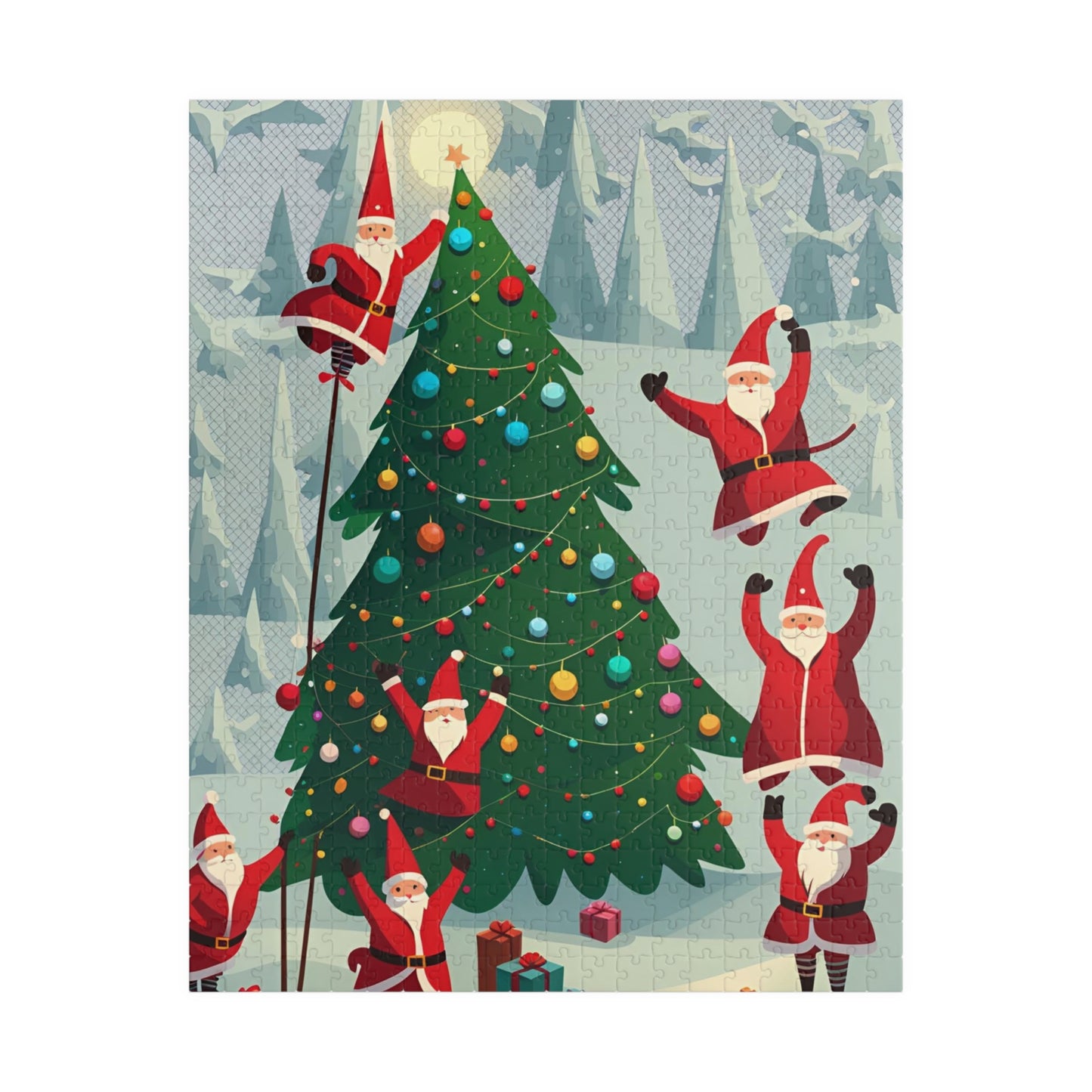Santa Clauses Decorating a Christmas Tree Puzzle (110, 252, 520, 1014-piece)