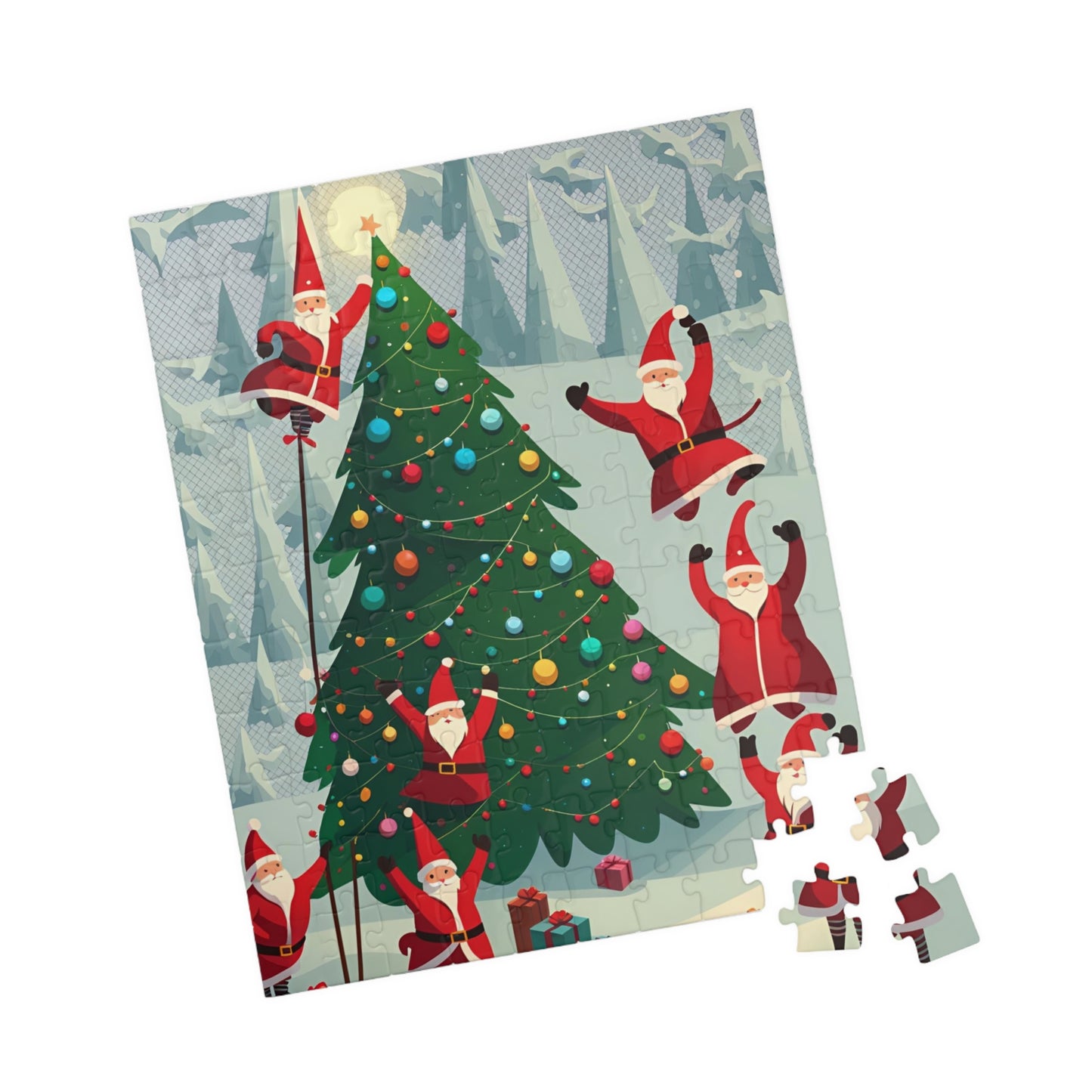 Santa Clauses Decorating a Christmas Tree Puzzle (110, 252, 520, 1014-piece)