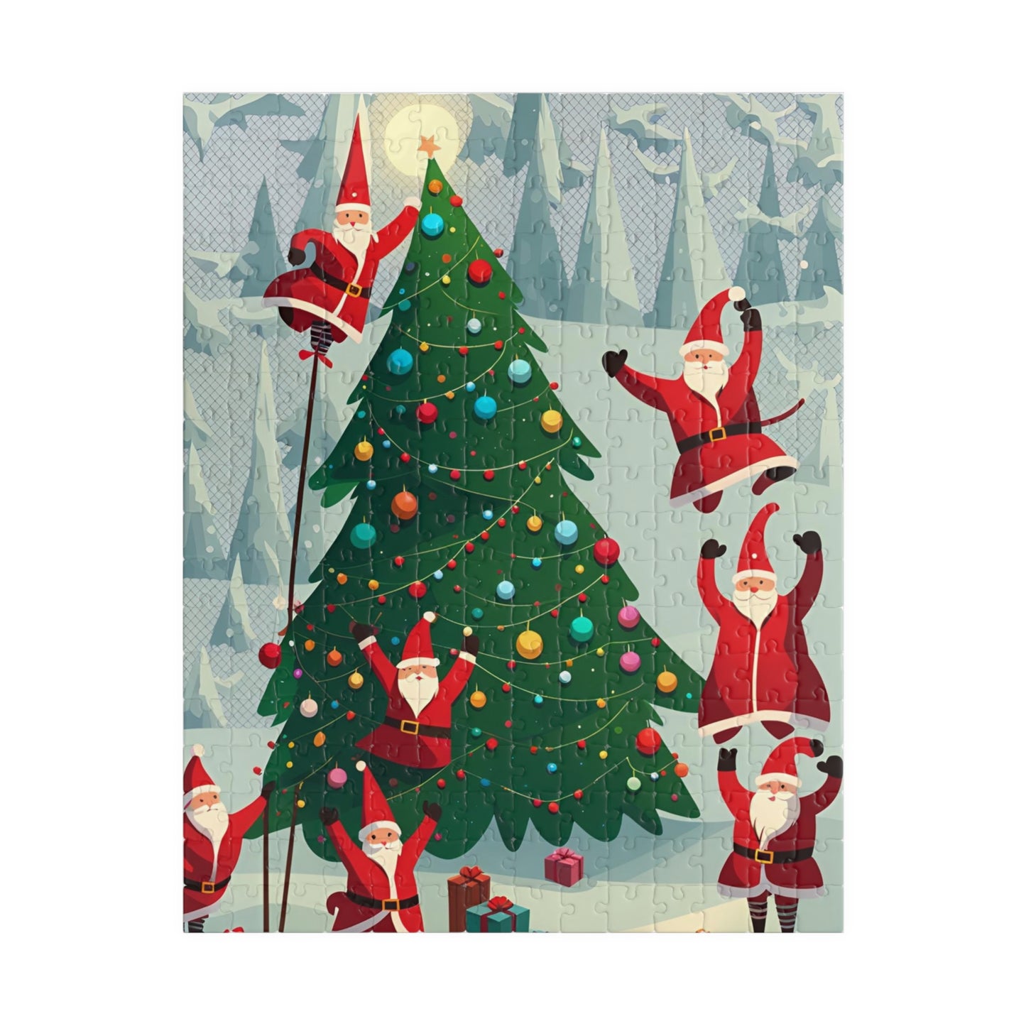 Santa Clauses Decorating a Christmas Tree Puzzle (110, 252, 520, 1014-piece)
