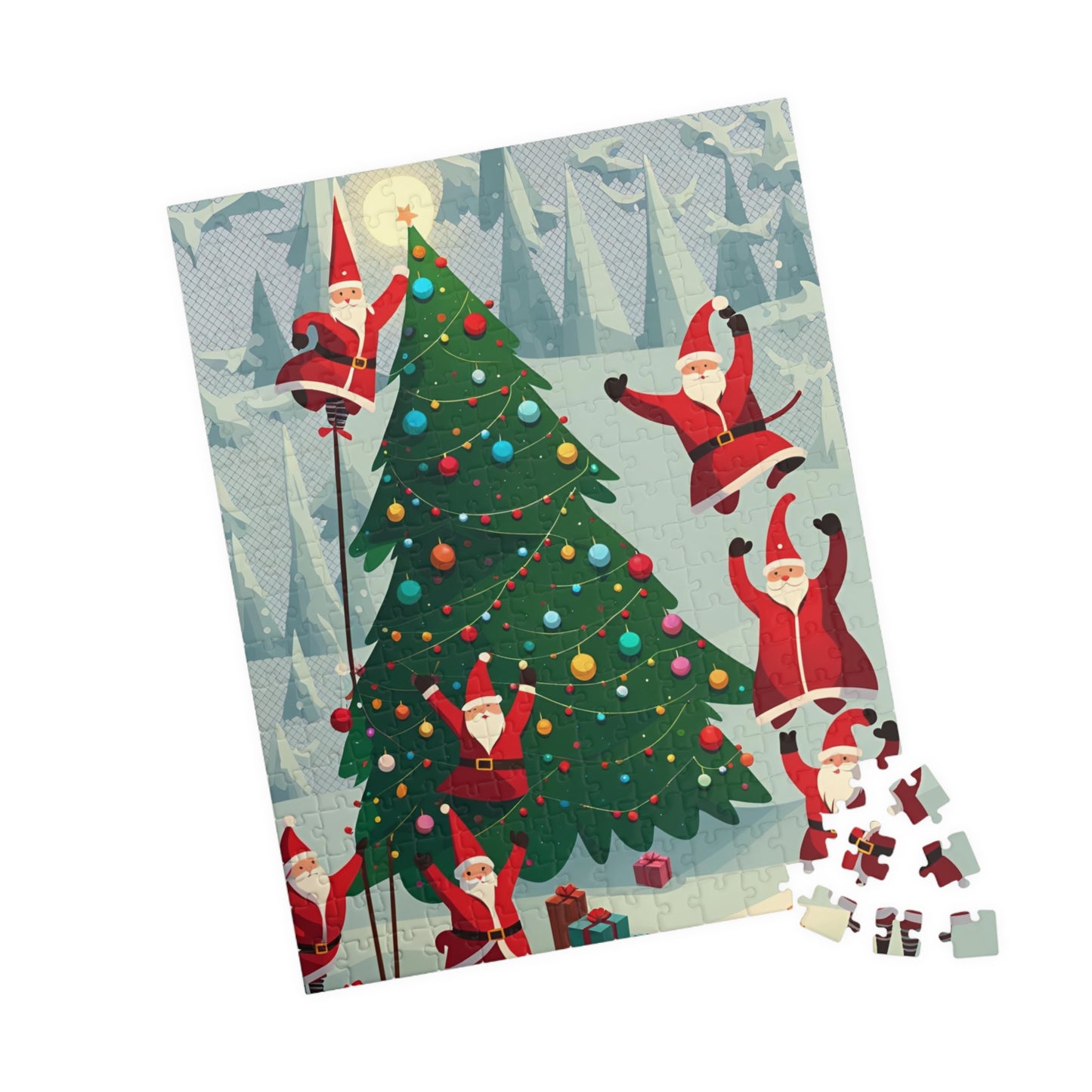 Santa Clauses Decorating a Christmas Tree Puzzle (110, 252, 520, 1014-piece)