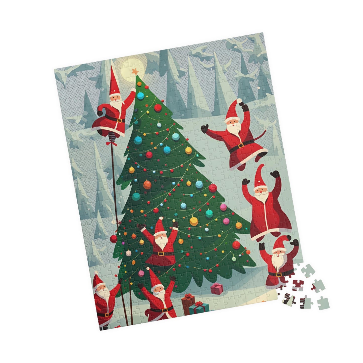 Santa Clauses Decorating a Christmas Tree Puzzle (110, 252, 520, 1014-piece)